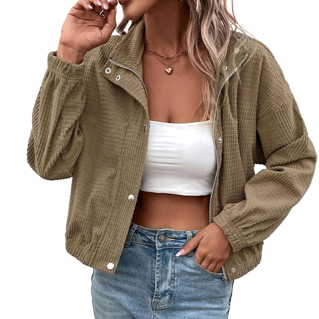 Women's Cropped Waffle-Knit Button-Front Stand-Collar Jacket