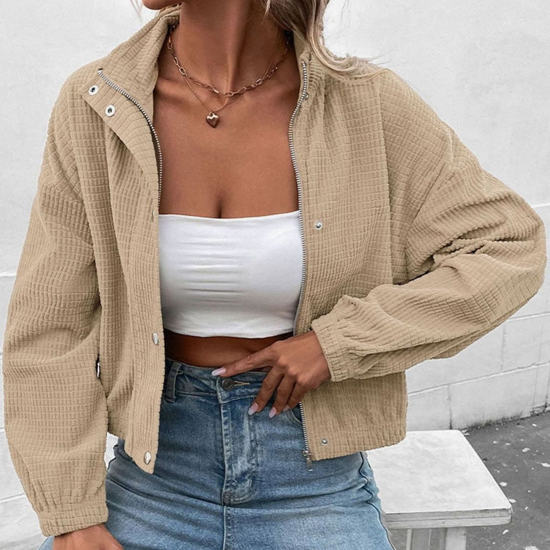 Women's Cropped Waffle-Knit Button-Front Stand-Collar Jacket - Apricot