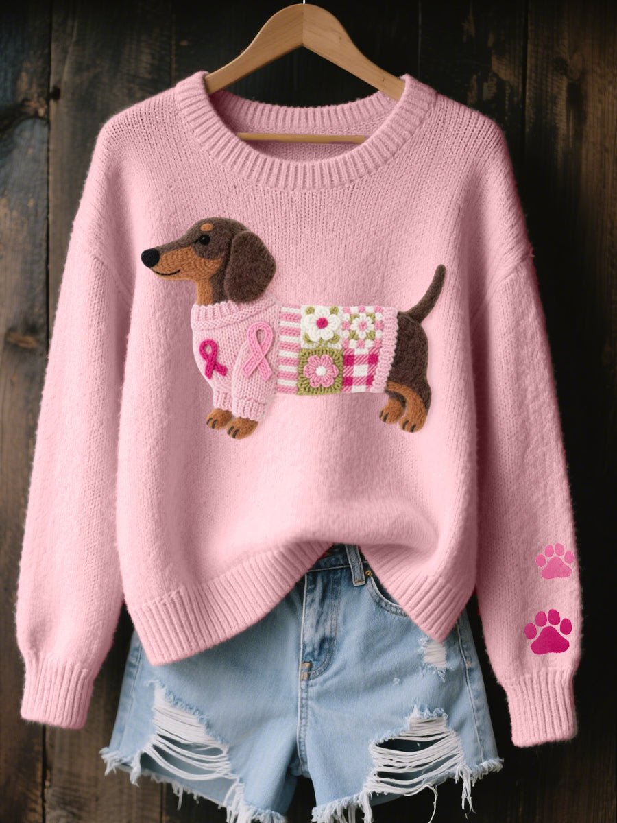 Women's Dachshund Patchwork Floral Knit Sweater - Pink