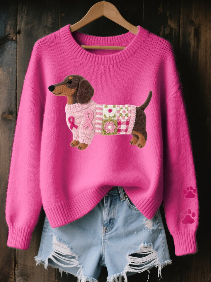 Women's Dachshund Patchwork Floral Knit Sweater - Dark Pink