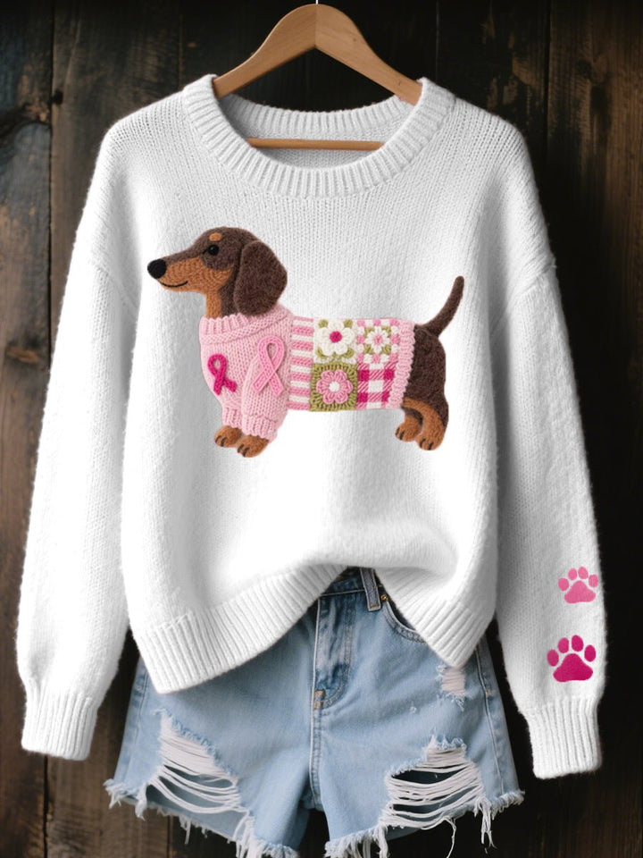 Women's Dachshund Patchwork Floral Knit Sweater - White