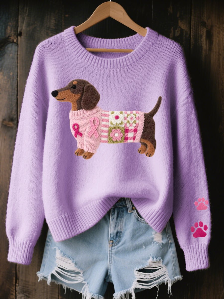 Women's Dachshund Patchwork Floral Knit Sweater - Purple