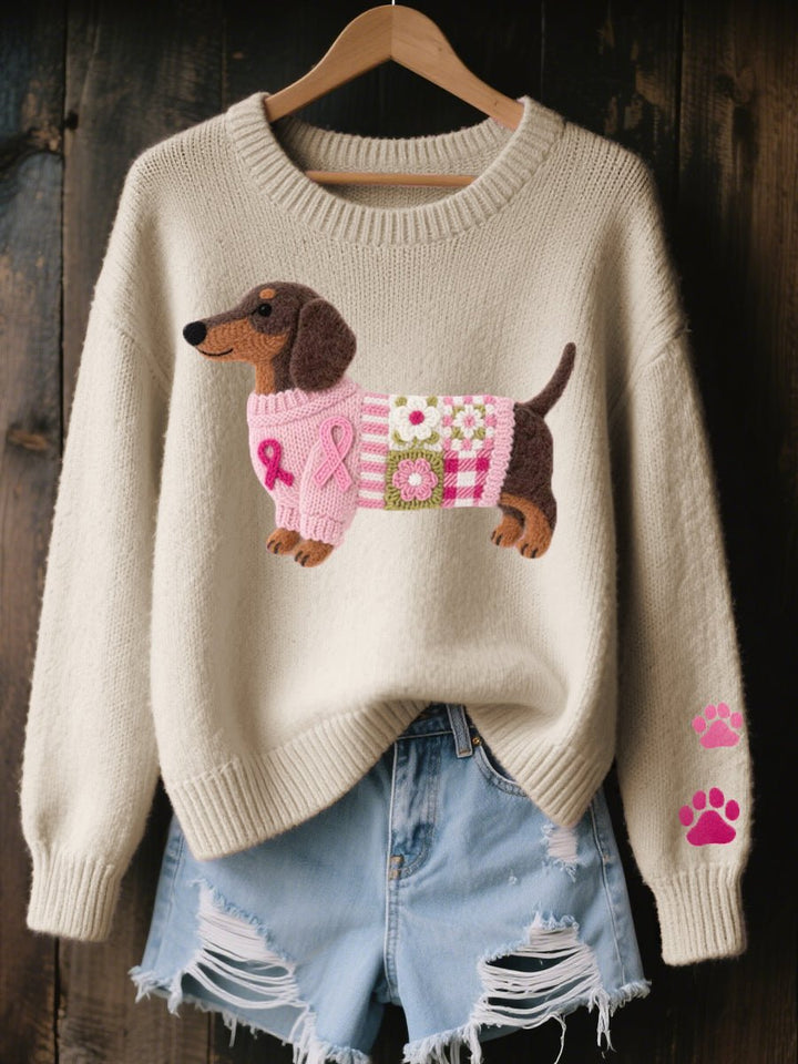 Women's Dachshund Patchwork Floral Knit Sweater - Beige