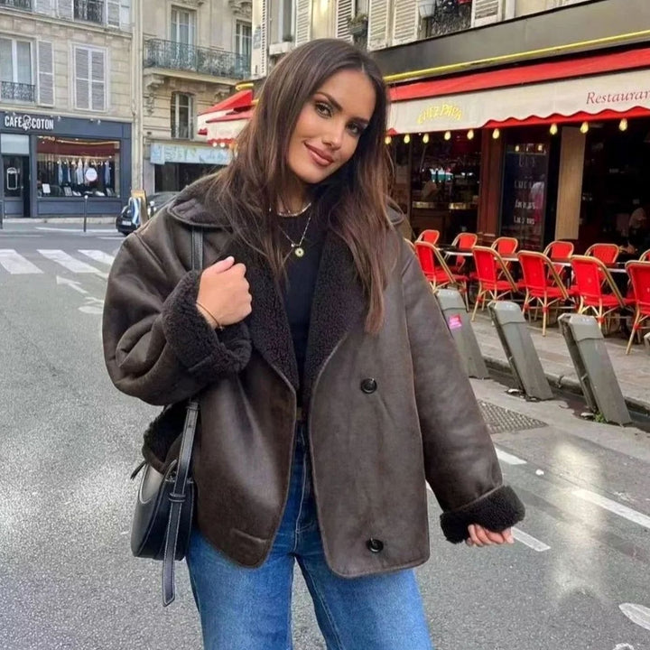 Women's Dark Brown Oversized Shearling-Lined Faux Leather Blazer - Brown