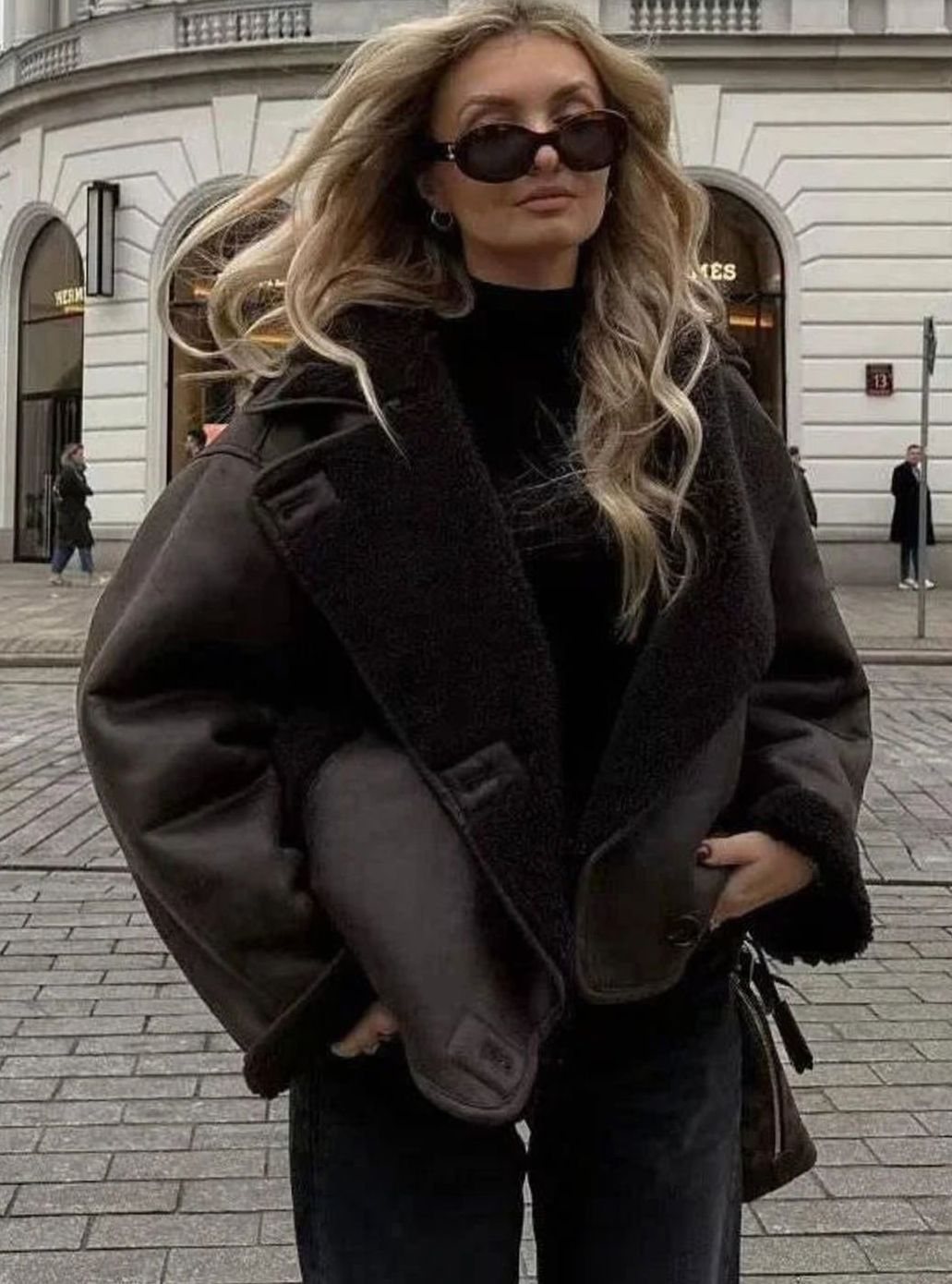 Women's Dark Brown Oversized Shearling-Lined Faux Leather Blazer