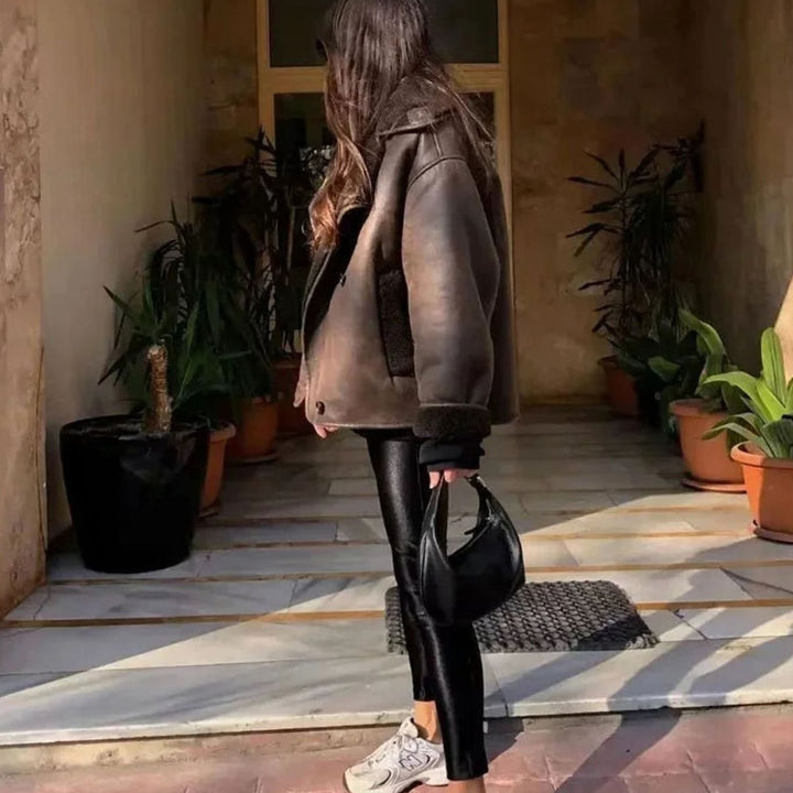 Women's Dark Brown Oversized Shearling-Lined Faux Leather Blazer