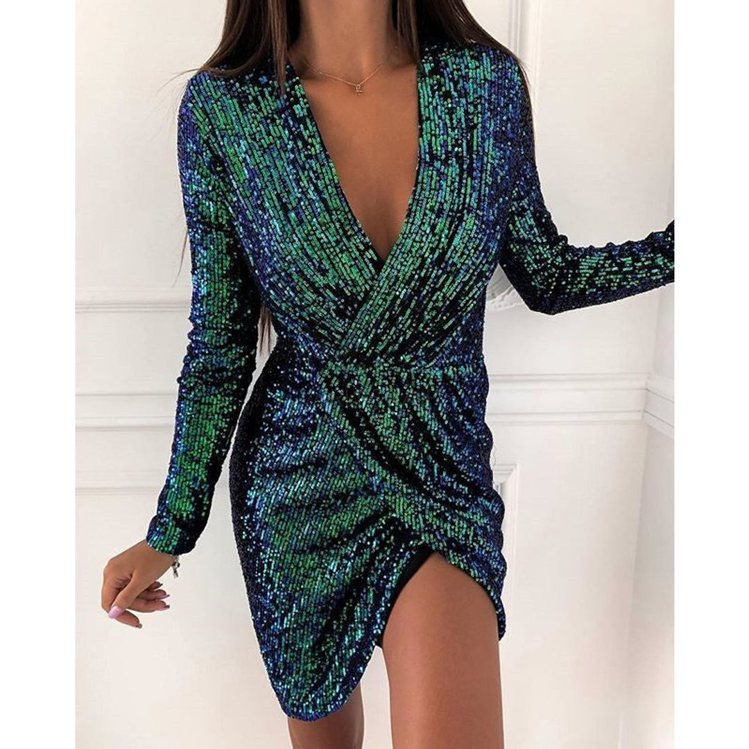 Women's Deep V-Neck Sequin Long-Sleeve Cocktail Dress - Green