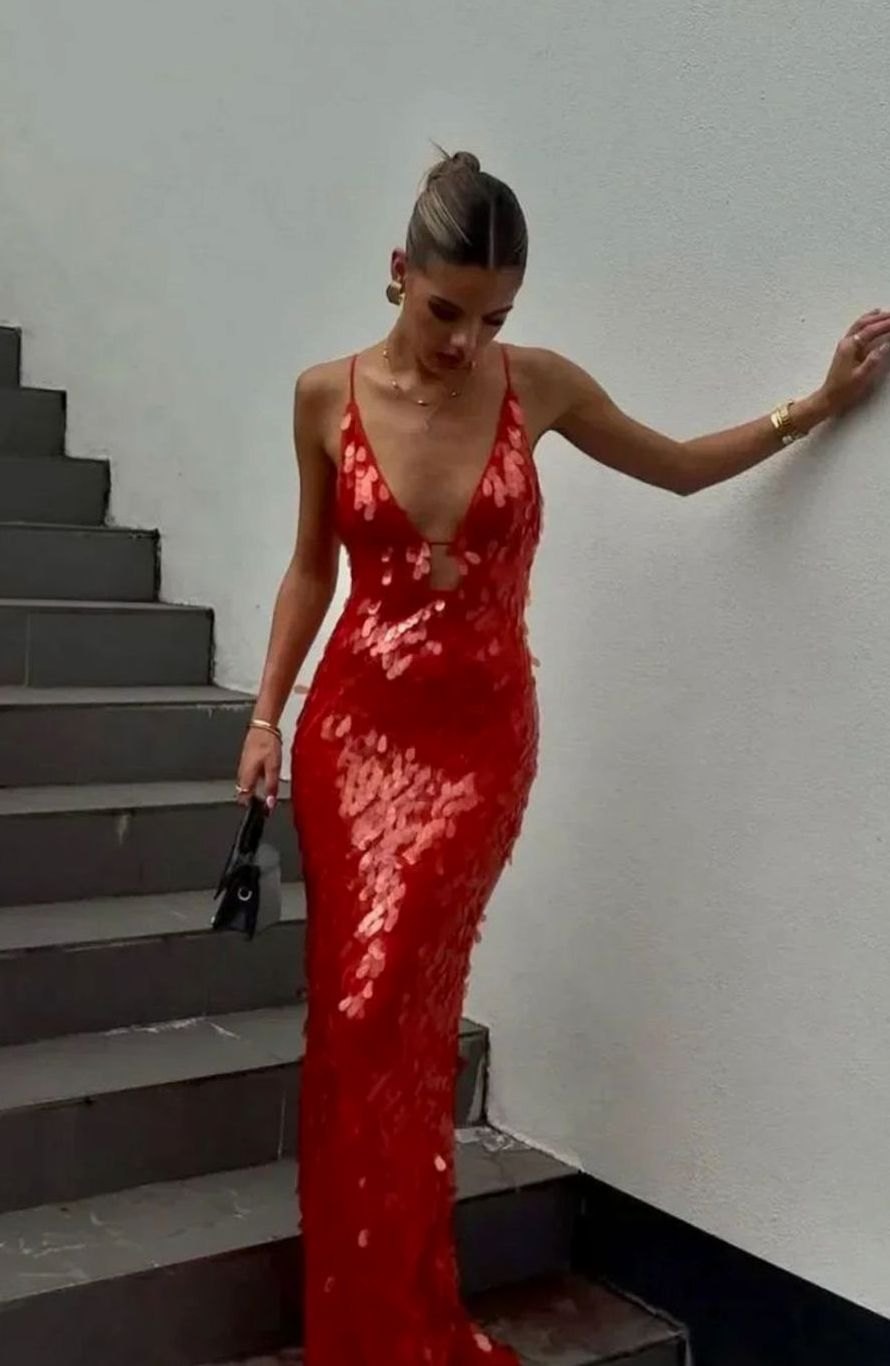Women's Deep V-Neck Spaghetti Strap Sequin Maxi Dress - Red