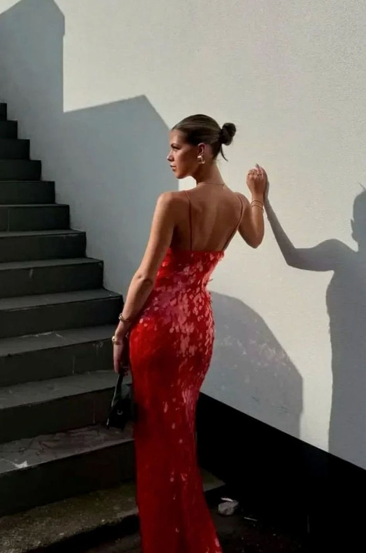 Women's Deep V-Neck Spaghetti Strap Sequin Maxi Dress