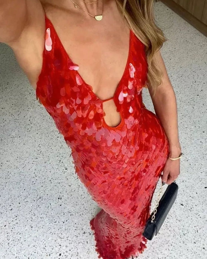 Women's Deep V-Neck Spaghetti Strap Sequin Maxi Dress