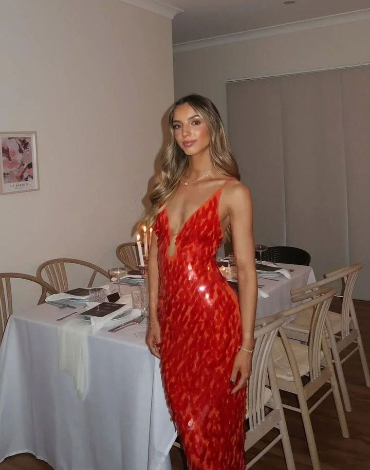 Women's Deep V-Neck Spaghetti Strap Sequin Maxi Dress