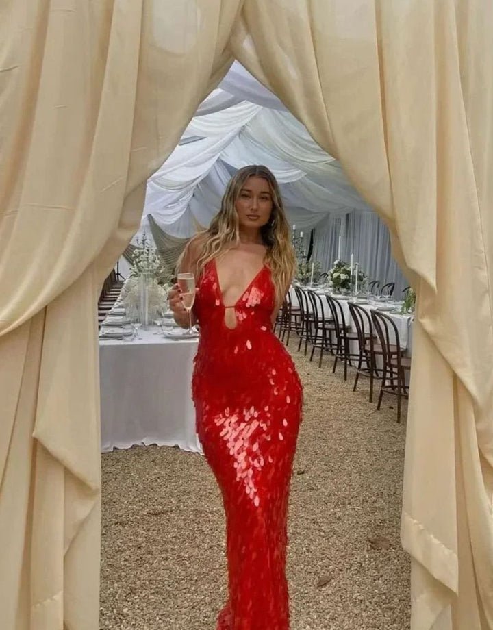 Women's Deep V-Neck Spaghetti Strap Sequin Maxi Dress