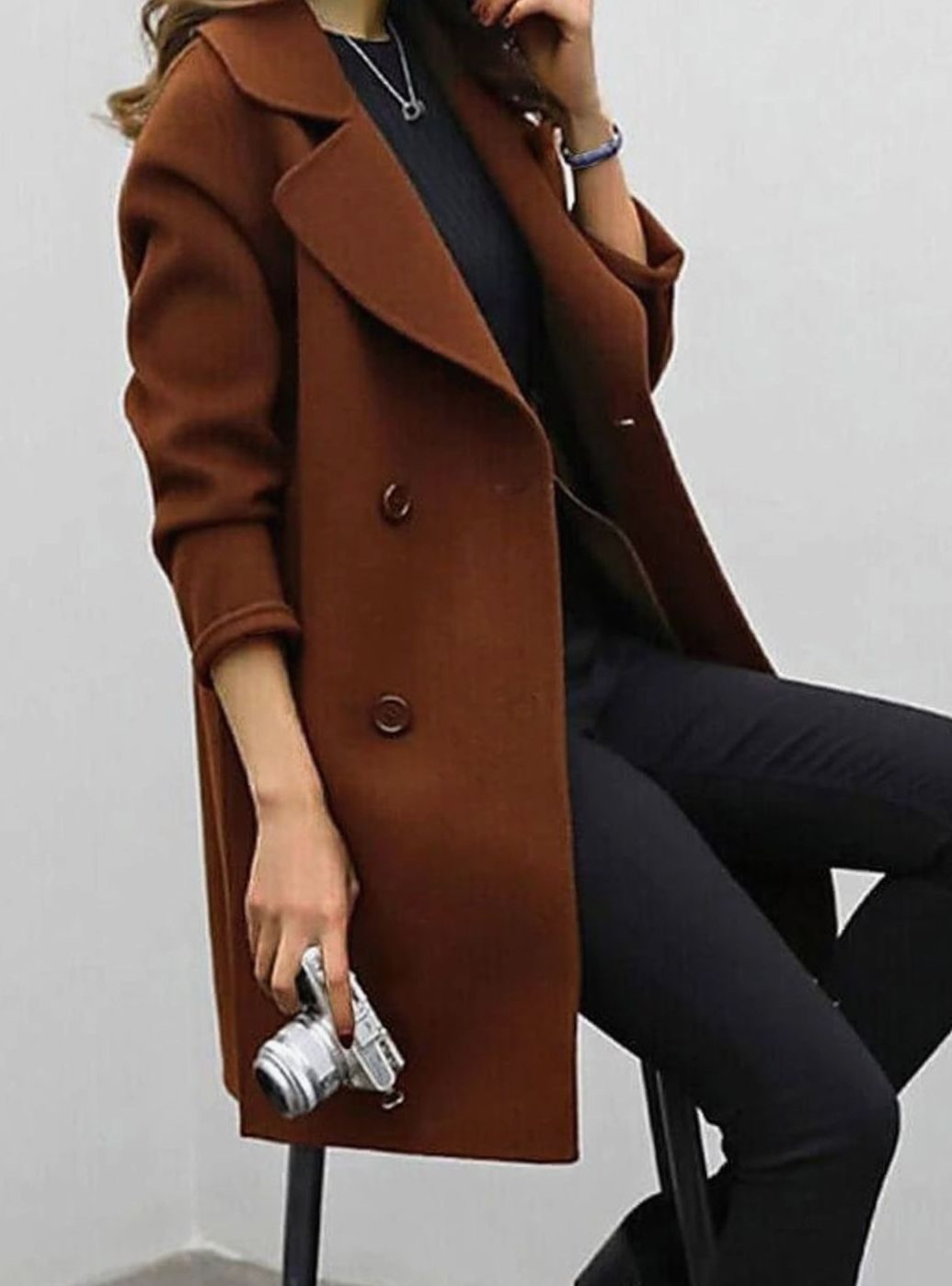 Women's Double-Breasted Longline Wool-Blend Jacket Coat - Brown