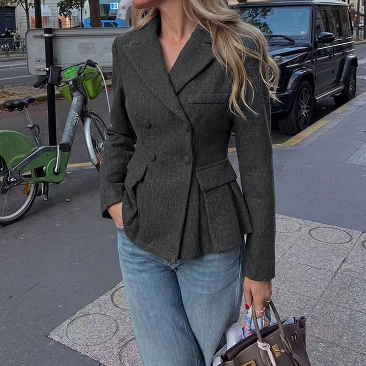 Women's Double-Breasted Peplum Blazer Long Sleeve Flap-Pocket