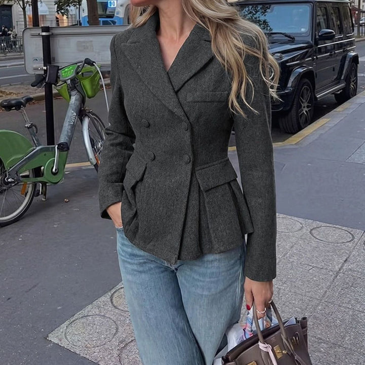 Women's Double-Breasted Peplum Blazer Long Sleeve Flap-Pocket