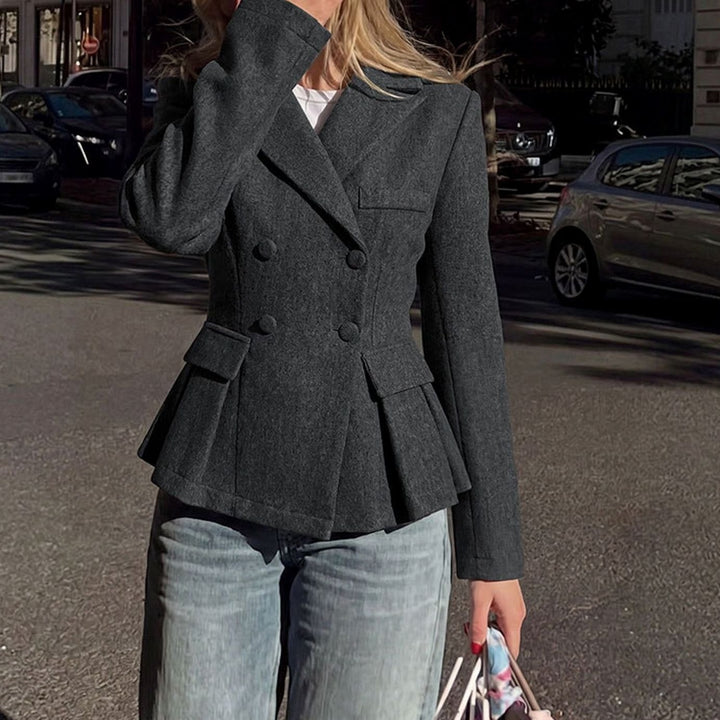 Women's Double-Breasted Peplum Blazer Long Sleeve Flap-Pocket - Dark Grey