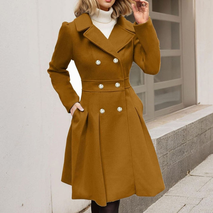 Women's Double-Breasted Pleated A-Line Wool-Blend Longline Coat
