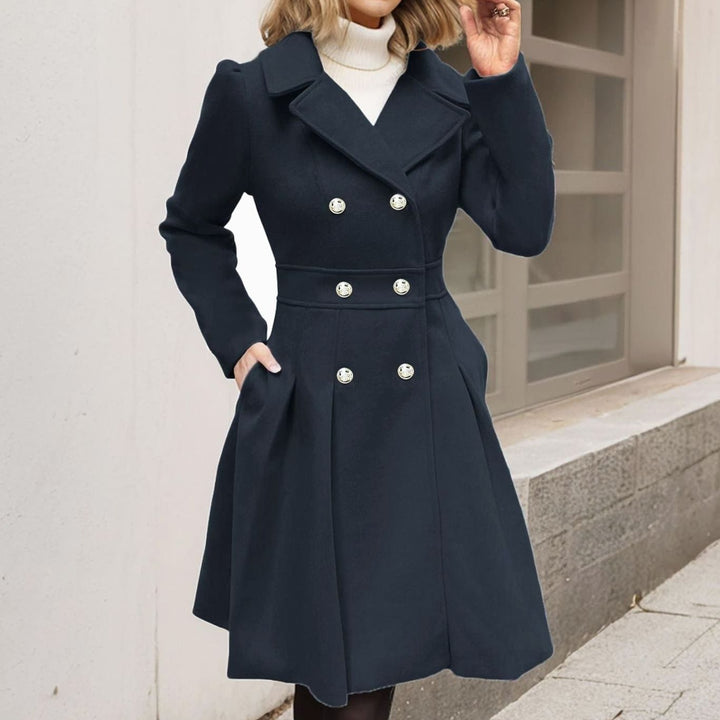 Women's Double-Breasted Pleated A-Line Wool-Blend Longline Coat