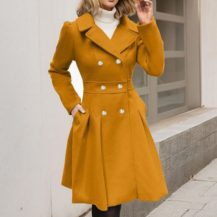 Women's Double-Breasted Pleated A-Line Wool-Blend Longline Coat