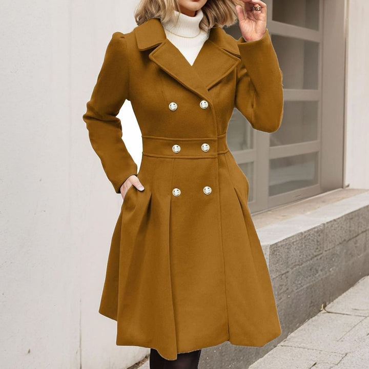 Women's Double-Breasted Pleated A-Line Wool-Blend Longline Coat - Camel