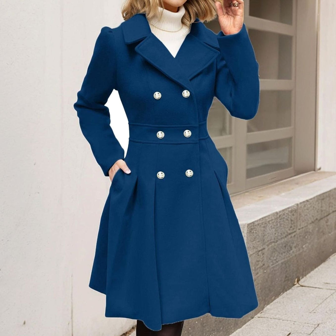 Women's Double-Breasted Pleated A-Line Wool-Blend Longline Coat - Dark Blue