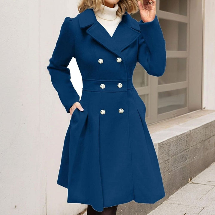 Women's Double-Breasted Pleated A-Line Wool-Blend Longline Coat - Dark Blue