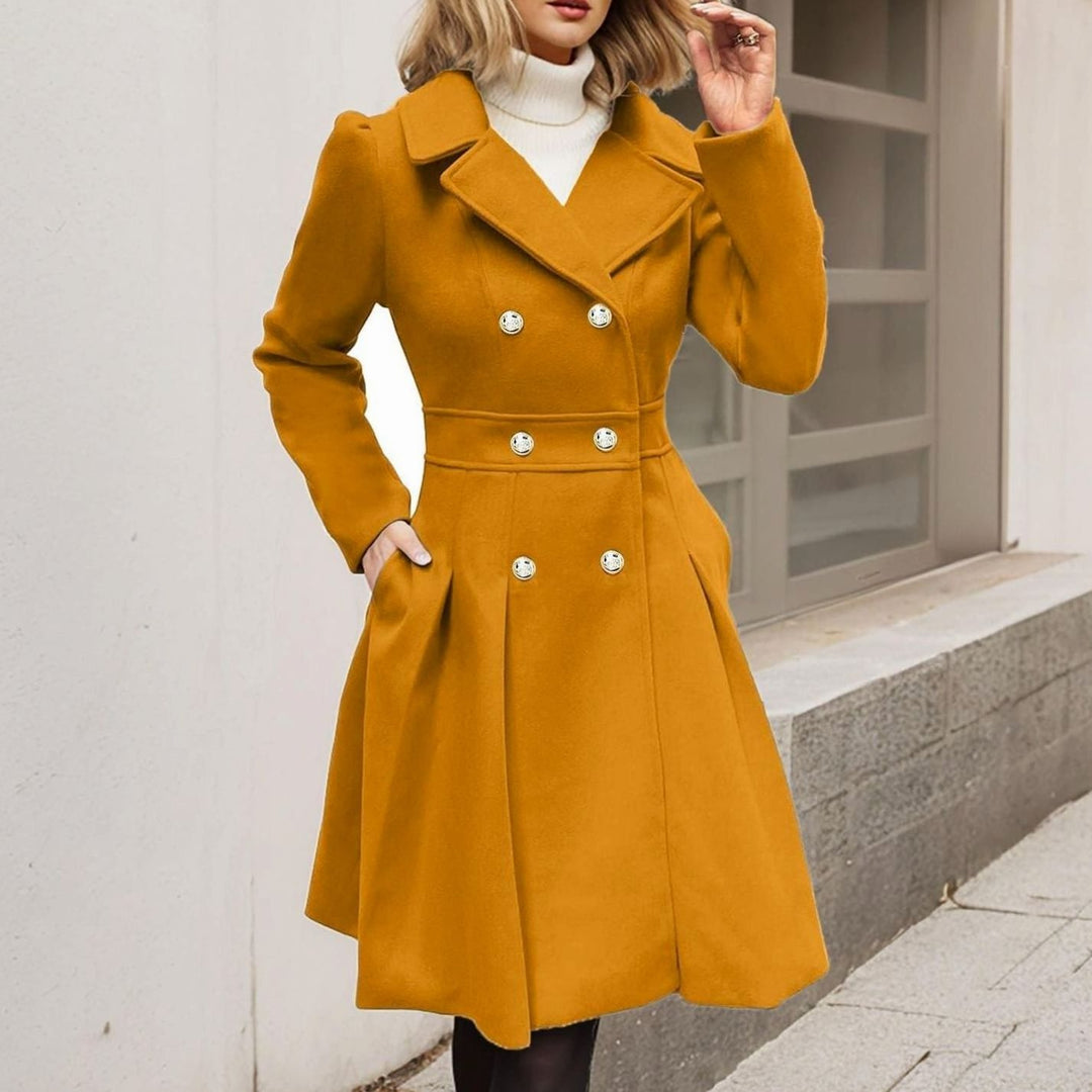 Women's Double-Breasted Pleated A-Line Wool-Blend Longline Coat - Yellow