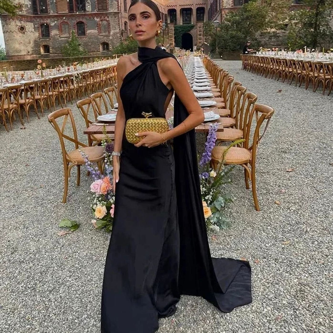 Women's Draped One-Shoulder Satin Maxi Dress - Black