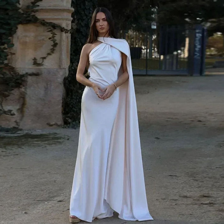 Women's Draped One-Shoulder Satin Maxi Dress - White