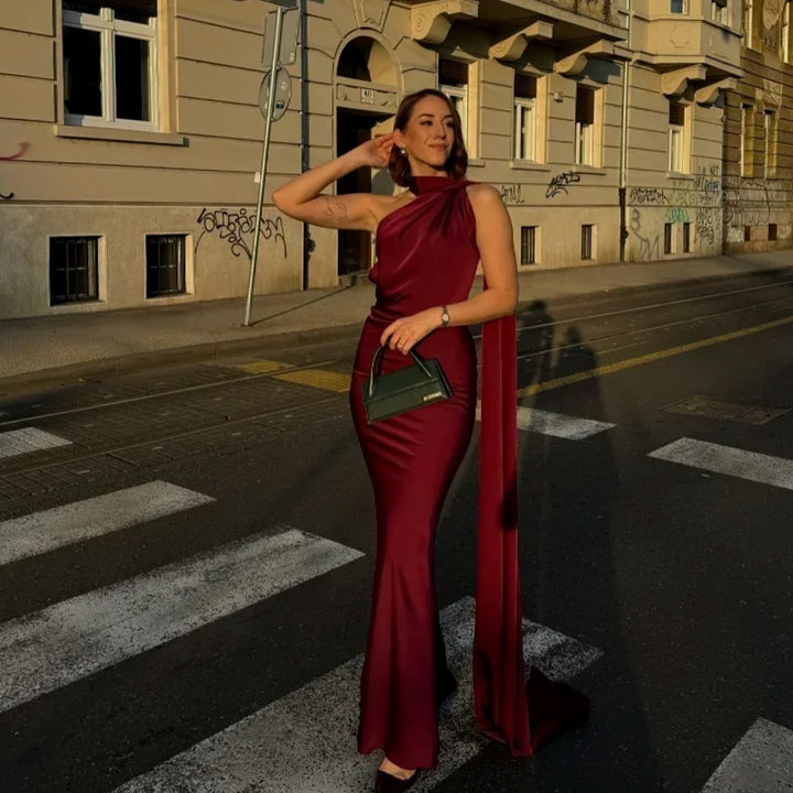 Women's Draped One-Shoulder Satin Maxi Dress - Wine Red