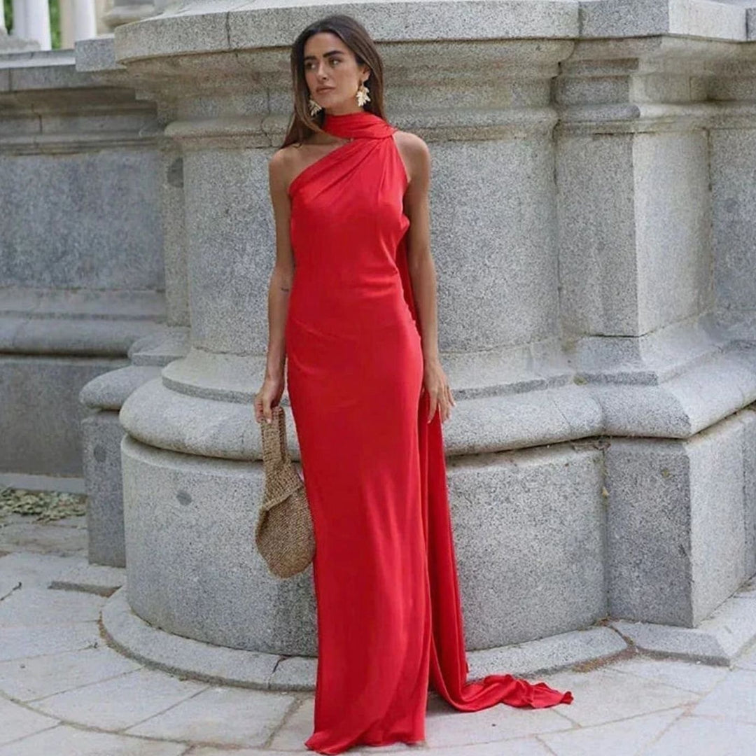 Women's Draped One-Shoulder Satin Maxi Dress - Red