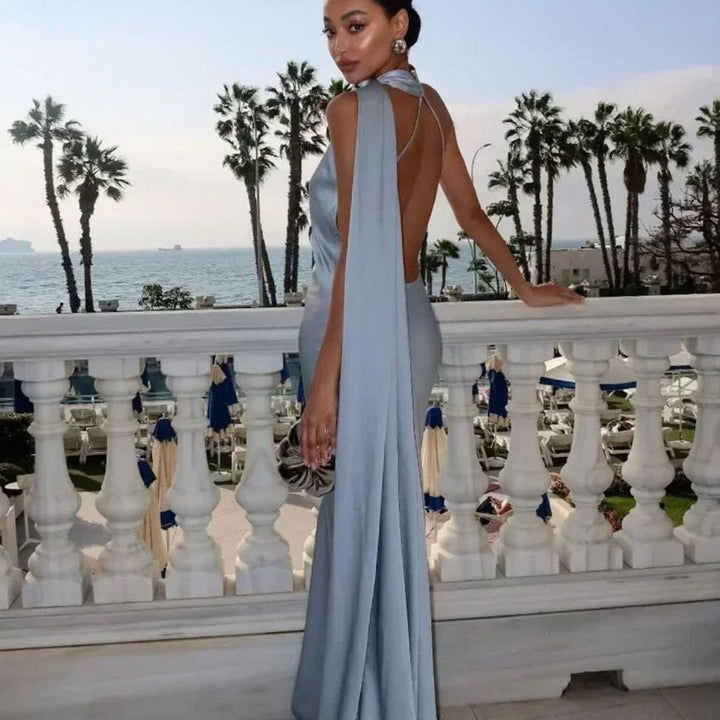 Women's Draped One-Shoulder Satin Maxi Dress - Blue