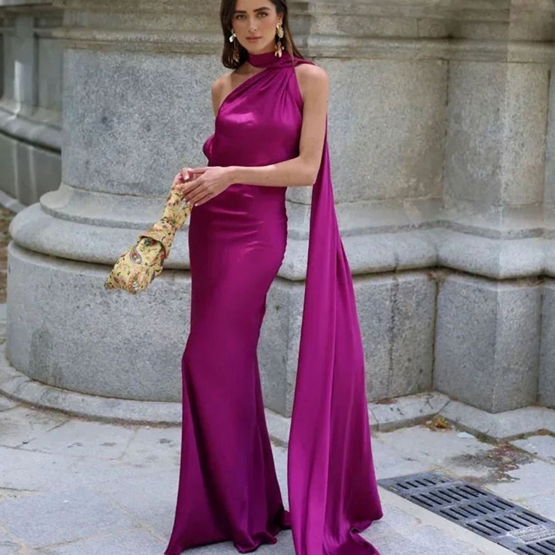 Women's Draped One-Shoulder Satin Maxi Dress - Purple