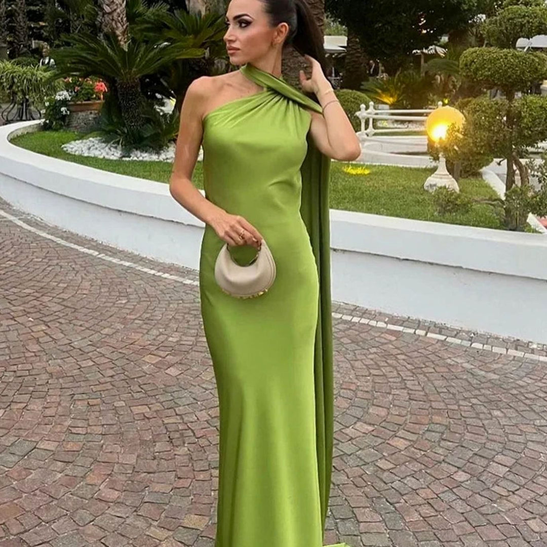 Women's Draped One-Shoulder Satin Maxi Dress - Green