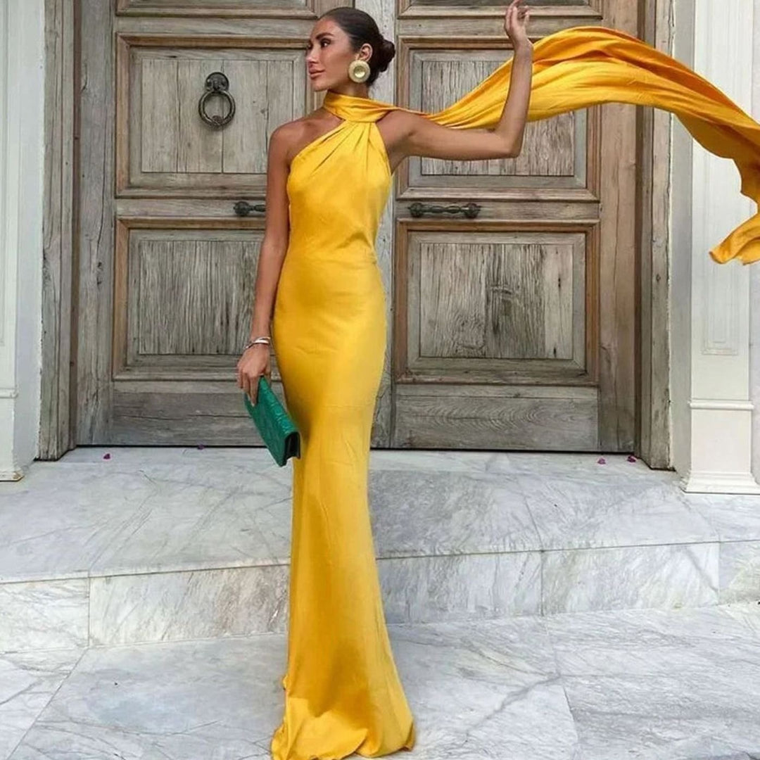 Women's Draped One-Shoulder Satin Maxi Dress - Yellow