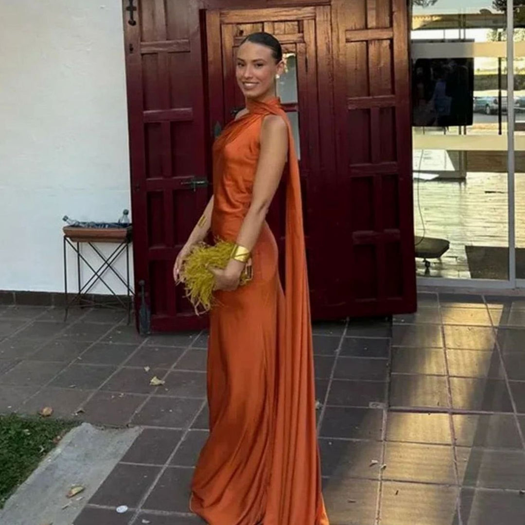 Women's Draped One-Shoulder Satin Maxi Dress - Orange