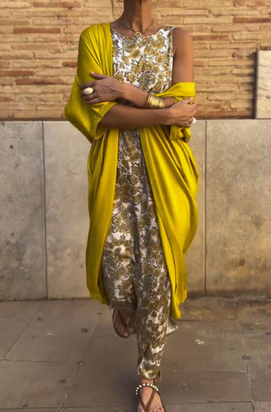 Women's Elegant Floral Maxi Dress Formal Wear Set Cardigan - Gold