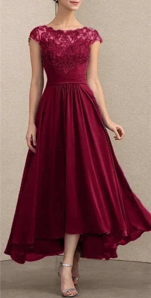 Women's Elegant Lace Chiffon Formal Dresses A-Line Maxi Gown - Burgundy