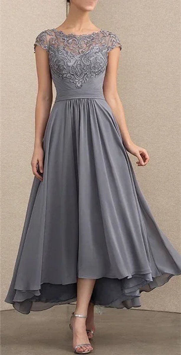 Women's Elegant Lace Chiffon Formal Dresses A-Line Maxi Gown - Grey