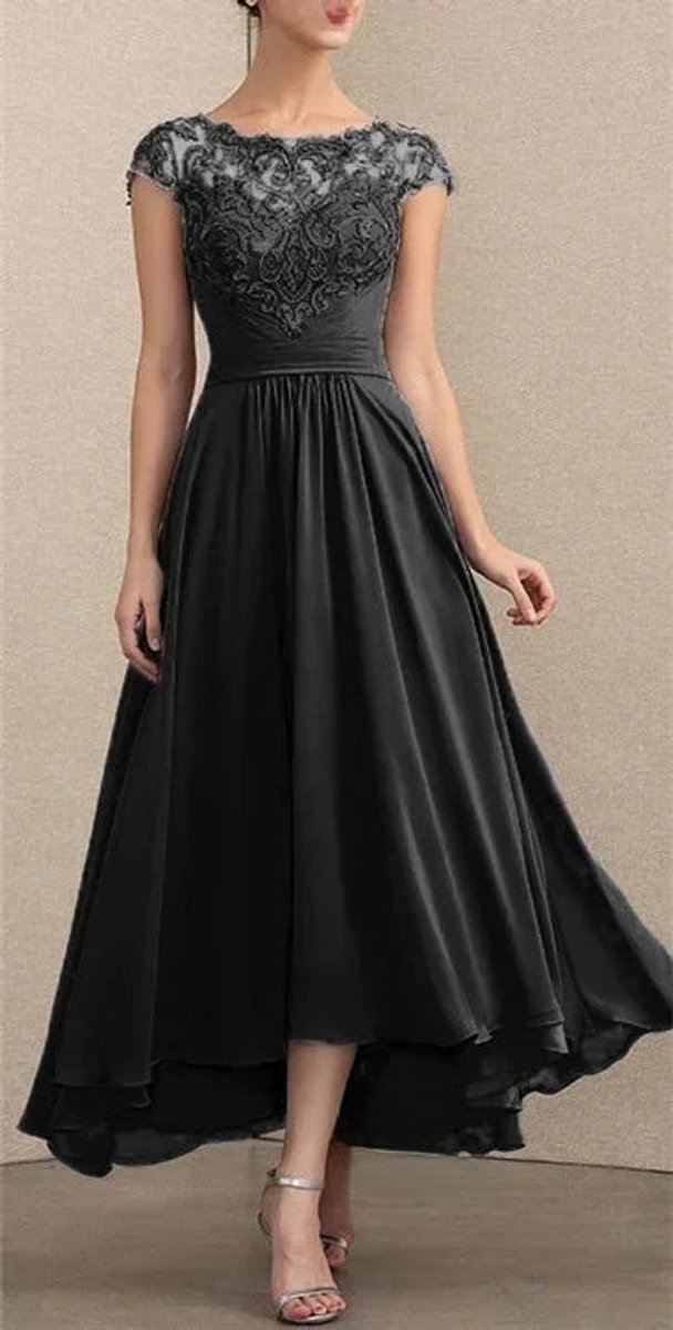 Women's Elegant Lace Chiffon Formal Dresses A-Line Maxi Gown - Black