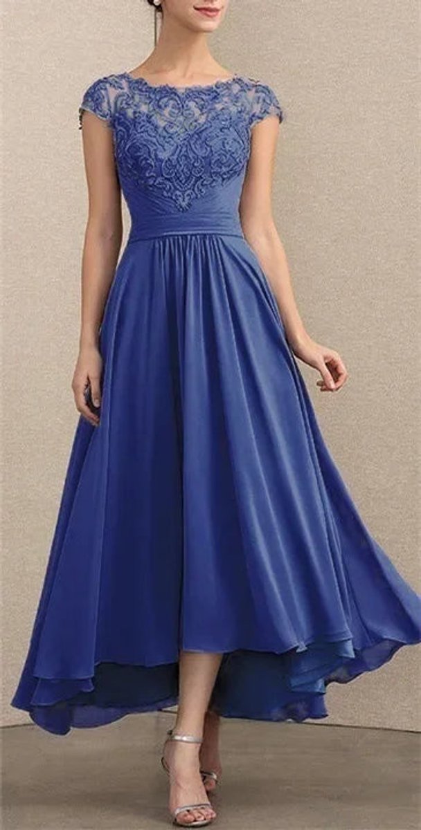 Women's Elegant Lace Chiffon Formal Dresses A-Line Maxi Gown - Blue