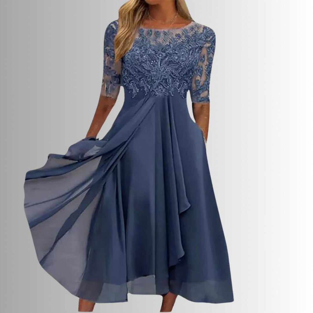 Women's Elegant Lace Chiffon Formal Dresses Half-Sleeve A-Line Midi - Blue