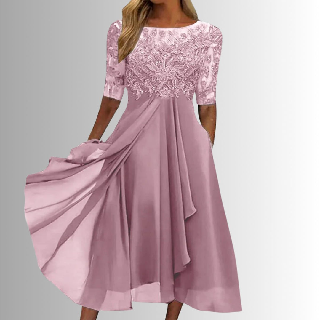 Women's Elegant Lace Chiffon Formal Dresses Half-Sleeve A-Line Midi - Pink