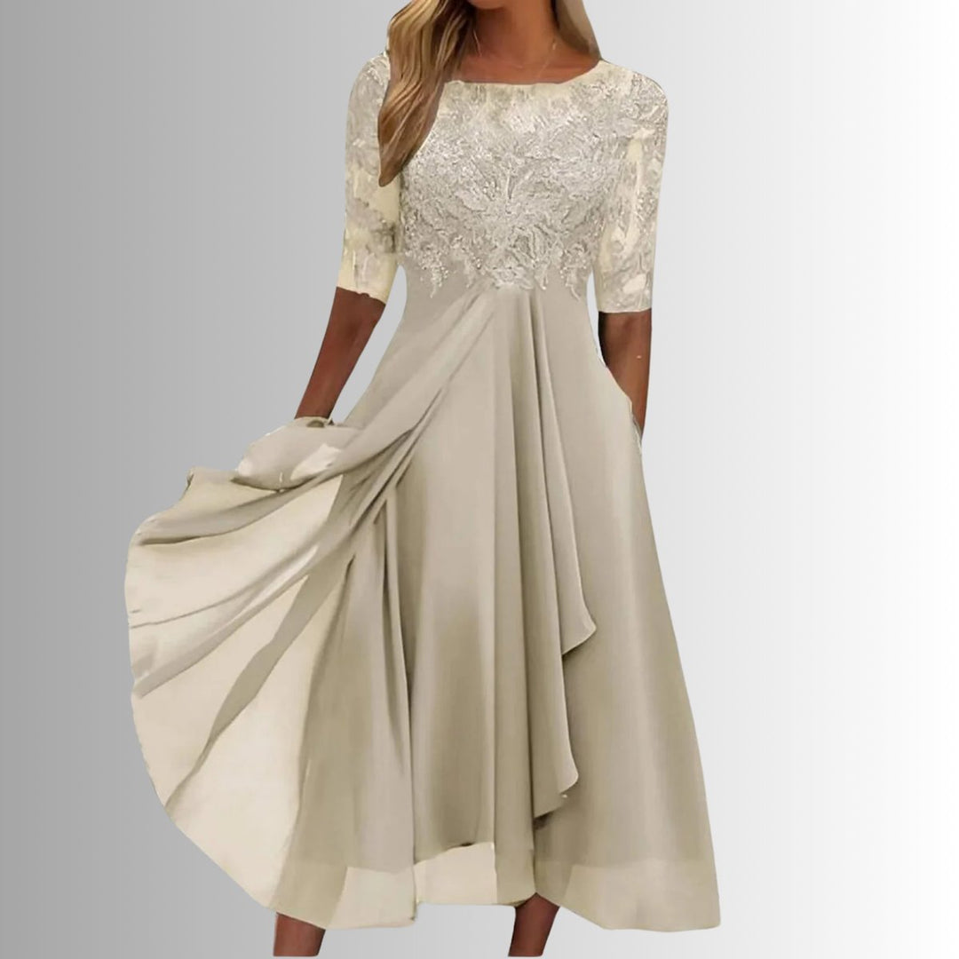 Women's Elegant Lace Chiffon Formal Dresses Half-Sleeve A-Line Midi - Cream