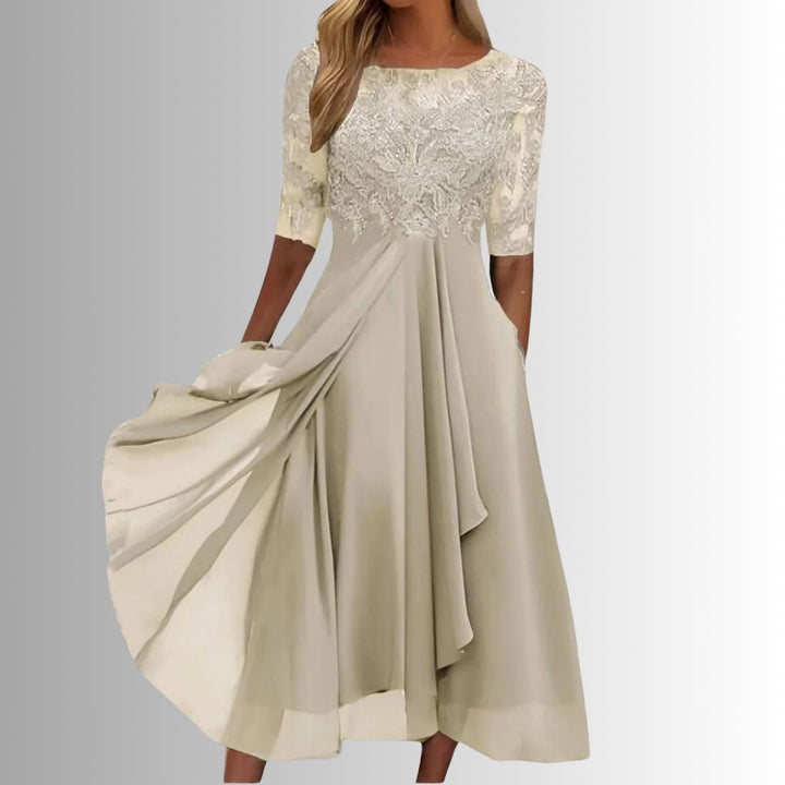 Women's Elegant Lace Chiffon Formal Dresses Half-Sleeve A-Line Midi - Cream