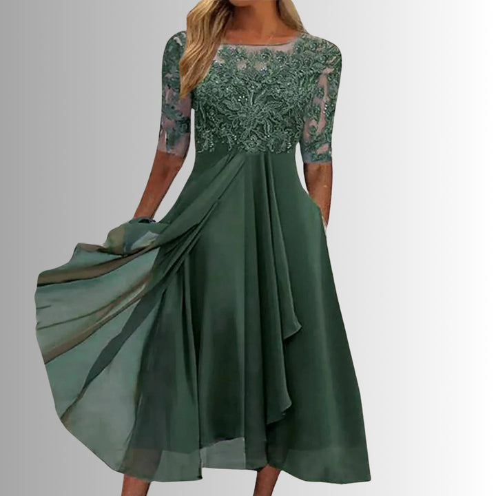 Women's Elegant Lace Chiffon Formal Dresses Half-Sleeve A-Line Midi - Green