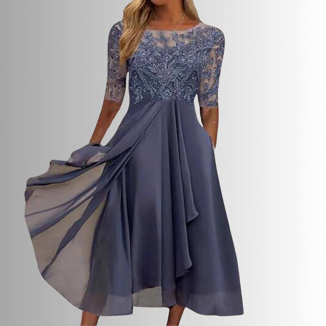 Women's Elegant Lace Chiffon Formal Dresses Half-Sleeve A-Line Midi - Purple