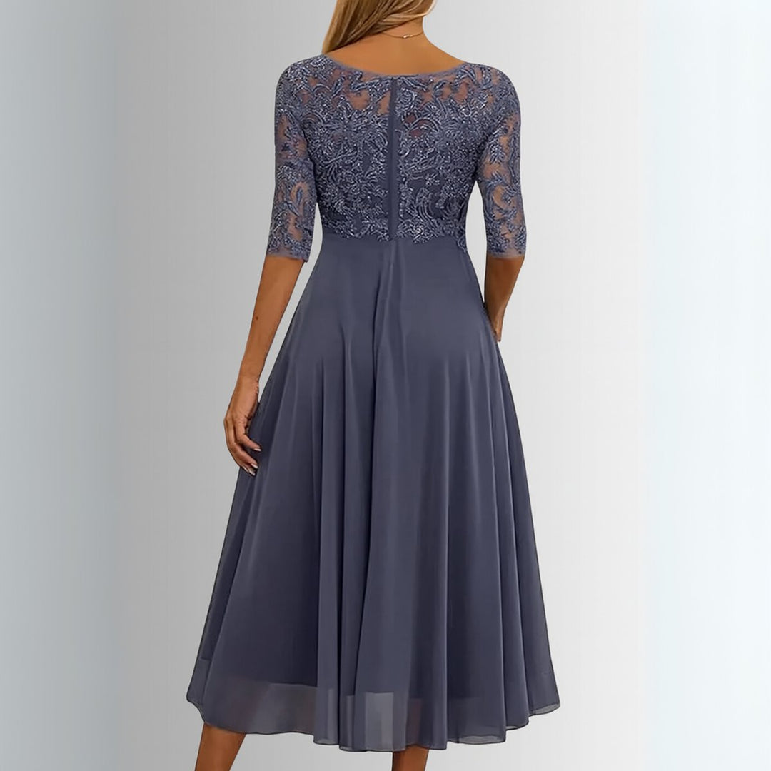 Women's Elegant Lace Chiffon Formal Dresses Half-Sleeve A-Line Midi