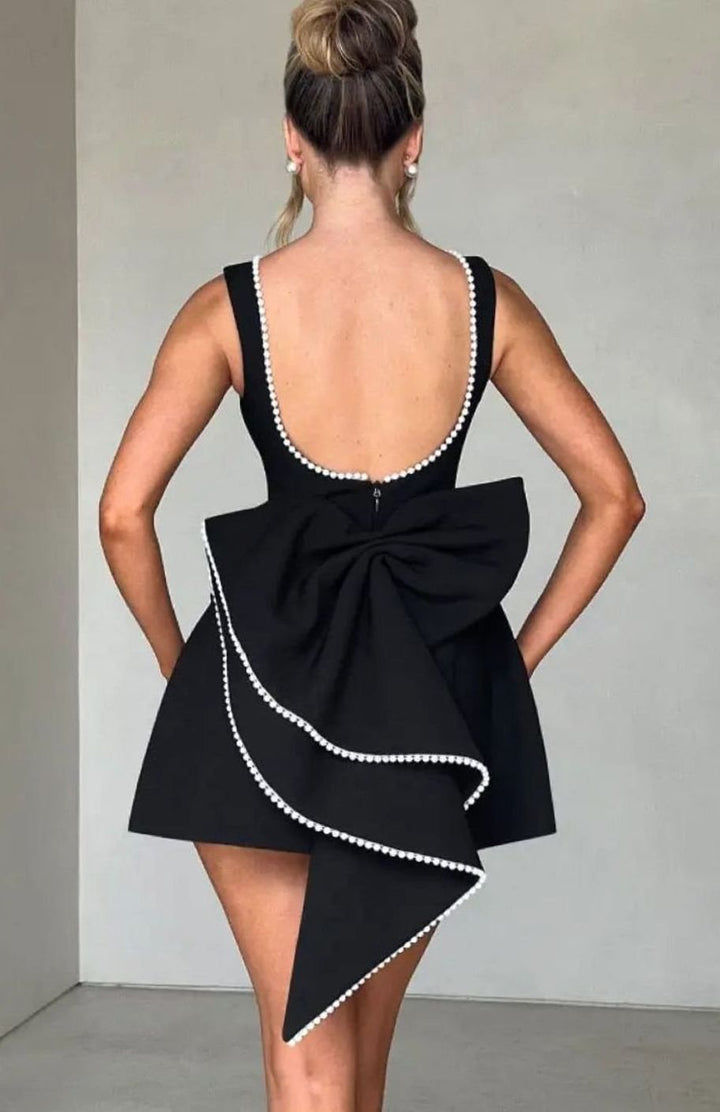 Women's Elegant Pearl-Trim Bow-Detail Formal Mini Dress