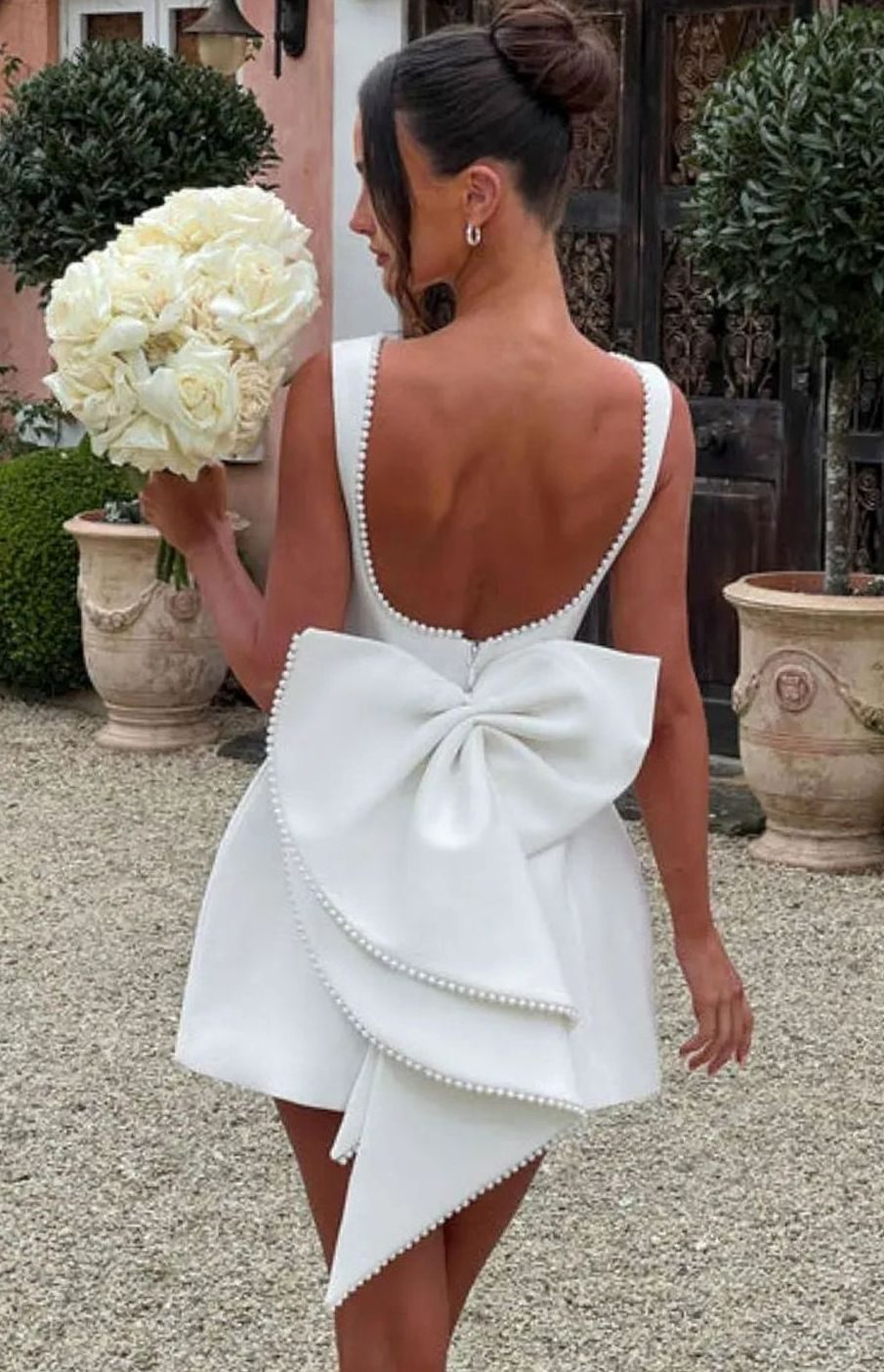 Women's Elegant Pearl-Trim Bow-Detail Formal Mini Dress